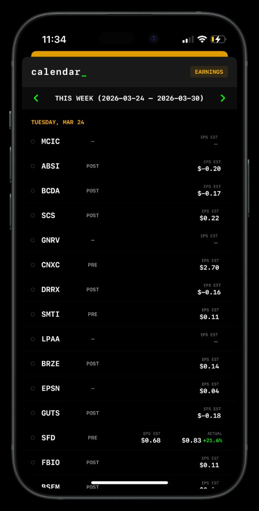 Argux on iPhone: earnings calendar with ticker rows, EPS estimates, and session labels
