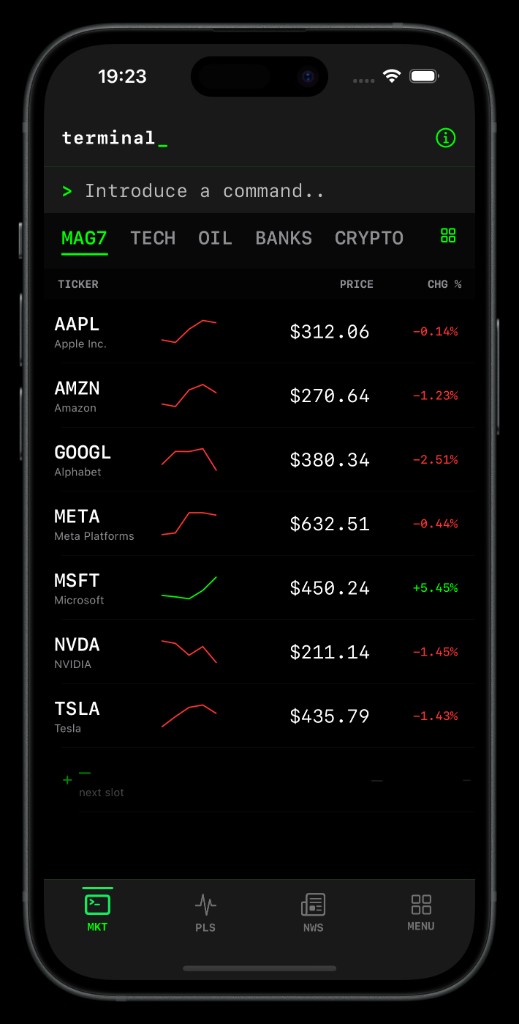 Argux on iPhone: MKT tab with MAG7 watchlist, live prices, sparklines, and terminal style navigation